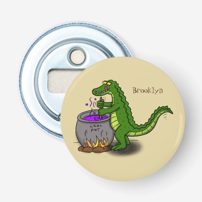 Funny green alligator cooking cartoon bottle opener (Front)