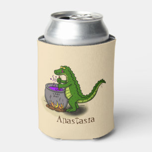 Funny green alligator cooking cartoon can cooler