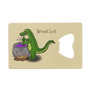 Funny green alligator cooking cartoon credit card bottle opener