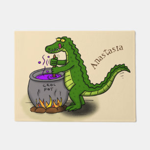 Funny green alligator cooking cartoon doormat