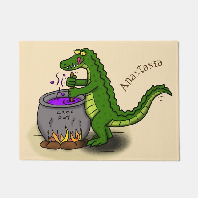 Funny green alligator cooking cartoon doormat (Front)