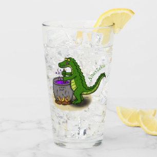 Funny green alligator cooking cartoon glass
