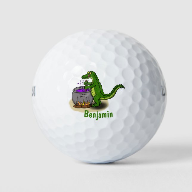 Funny green alligator cooking cartoon golf balls (Front)