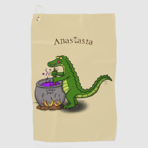 Funny green alligator cooking cartoon golf towel