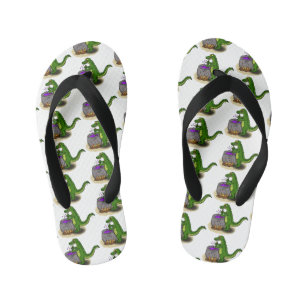 Funny green alligator cooking cartoon kid's flip flops