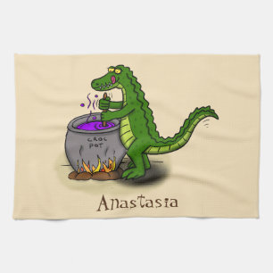 Funny green alligator cooking cartoon kitchen towel
