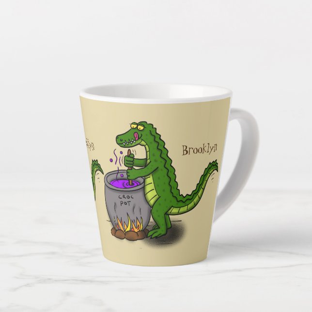 Funny green alligator cooking cartoon latte mug (Right Angle)