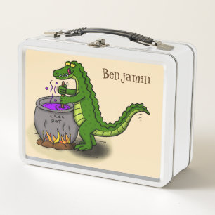 Funny green alligator cooking cartoon metal lunch box