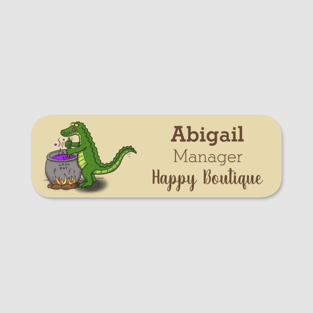 Funny green alligator cooking cartoon  name tag (Front)