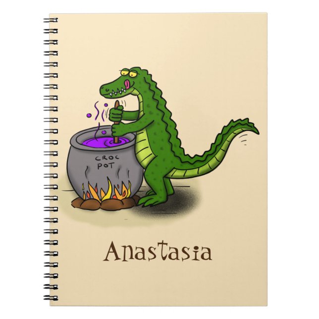 Funny green alligator cooking cartoon notebook (Front)