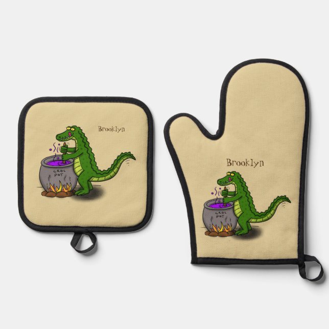 Funny green alligator cooking cartoon oven mitt & pot holder set (Front)