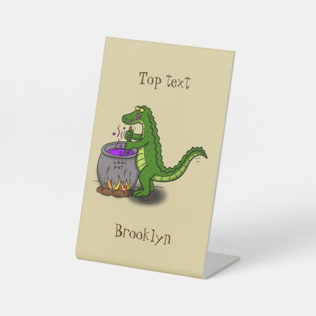 Funny green alligator cooking cartoon pedestal sign (Front)