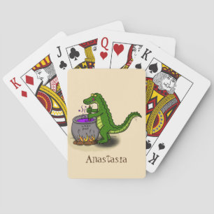 Funny green alligator cooking cartoon playing cards
