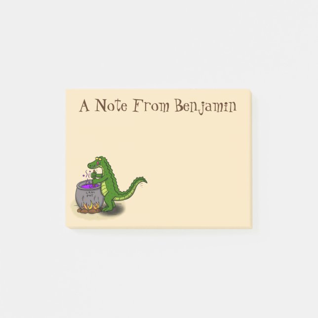 Funny green alligator cooking cartoon post-it notes (Front)