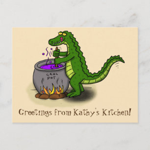 Funny green alligator cooking cartoon postcard
