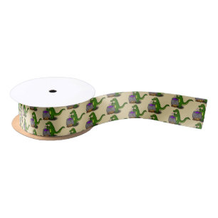 Funny green alligator cooking cartoon satin ribbon