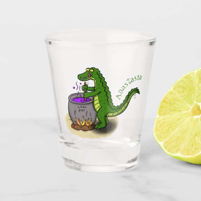 Funny green alligator cooking cartoon  shot glass (Front)