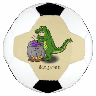Funny green alligator cooking cartoon soccer ball