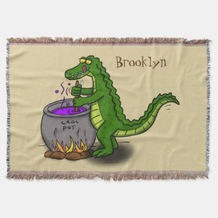 Funny green alligator cooking cartoon throw blanket