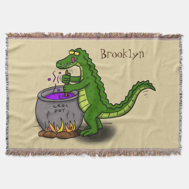 Funny green alligator cooking cartoon throw blanket (Front)