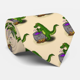 Funny green alligator cooking cartoon tie