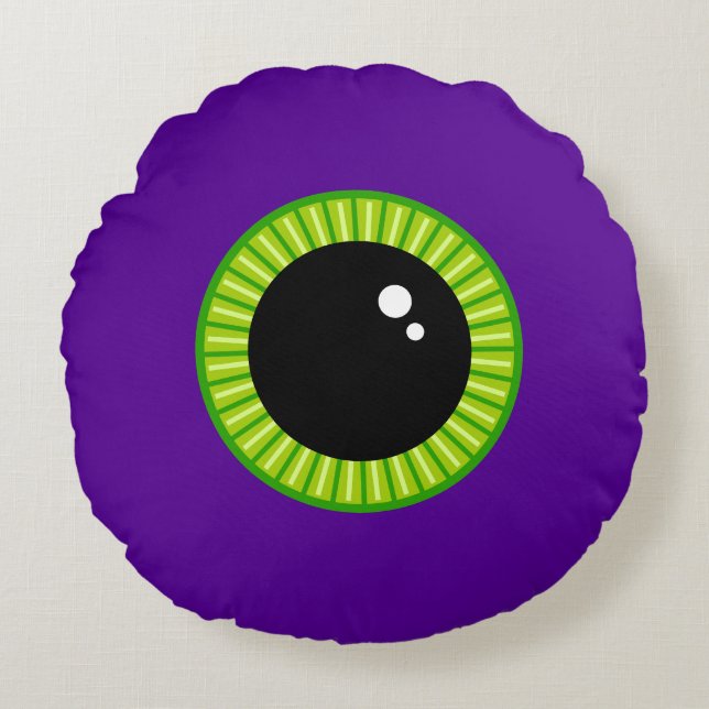 Funny Green and Purple Monster Eyeball Round Pillow (Front)