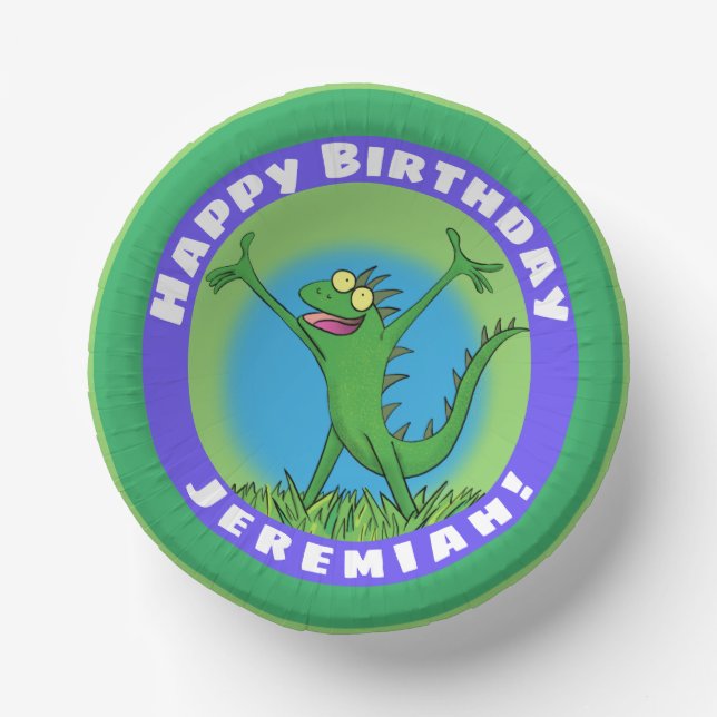 Funny green animated iguana lizard birthday paper plate (Front)