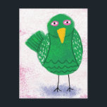 Funny Green Bird Postcard<br><div class="desc">A funny green bird in folk art, childlike style over a pink and white mottled background.</div>