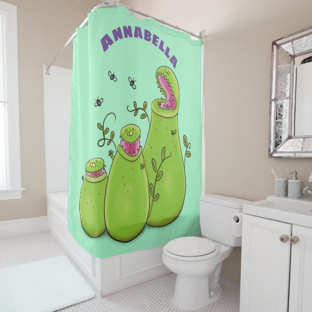 Funny green carnivorous pitcher plants cartoon (In Situ)