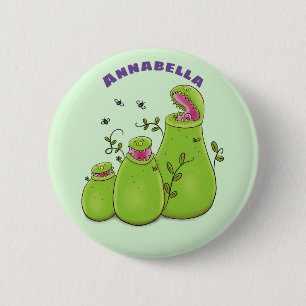 Funny green carnivorous pitcher plants cartoon 2 inch round button