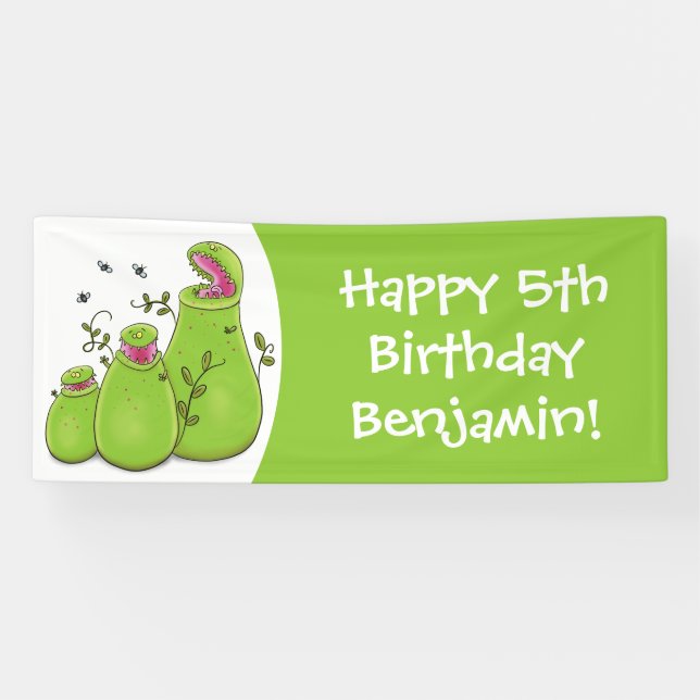 Funny green carnivorous pitcher plants cartoon banner (Horizontal)