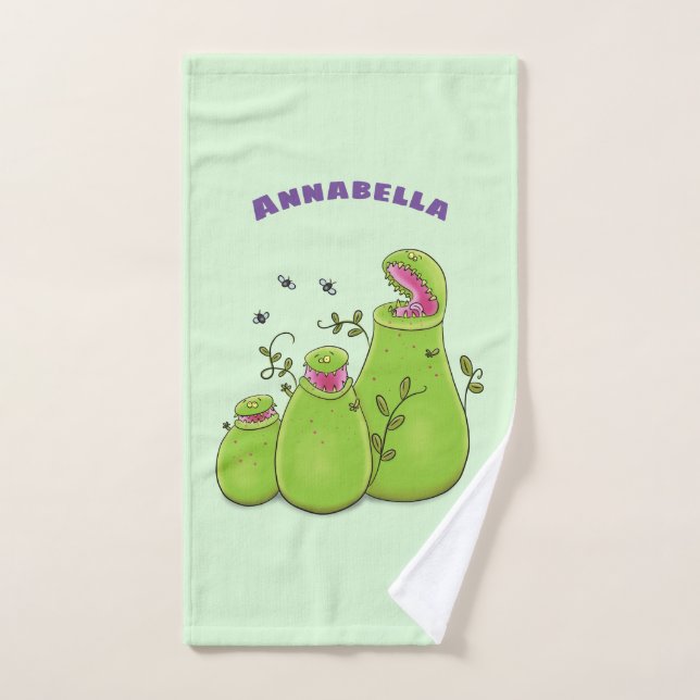 Funny green carnivorous pitcher plants cartoon bath towel set (Hand Towel)