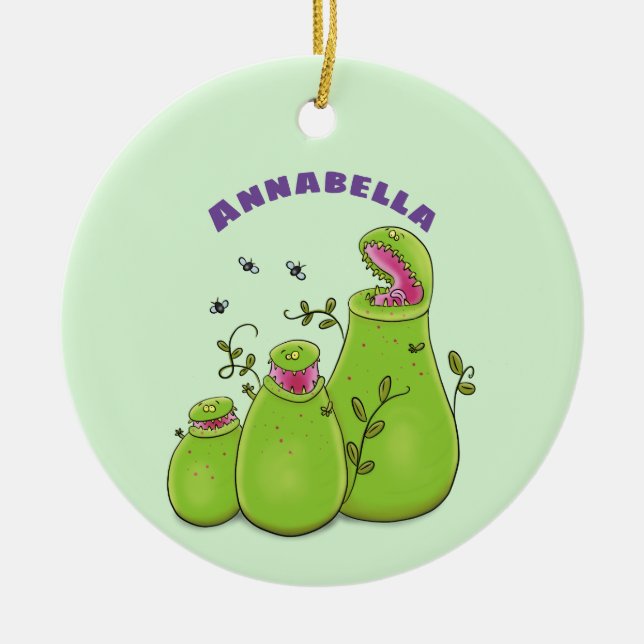 Funny green carnivorous pitcher plants cartoon ceramic ornament (Front)