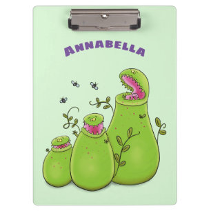 Funny green carnivorous pitcher plants cartoon clipboard
