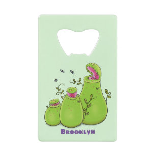 Funny green carnivorous pitcher plants cartoon credit card bottle opener