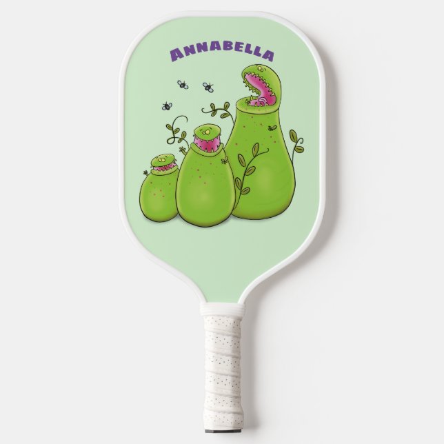Funny green carnivorous pitcher plants cartoon pickleball paddle (Front)