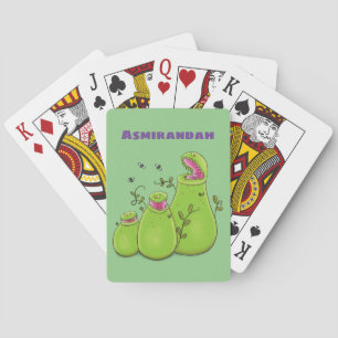 Funny green carnivorous pitcher plants cartoon playing cards