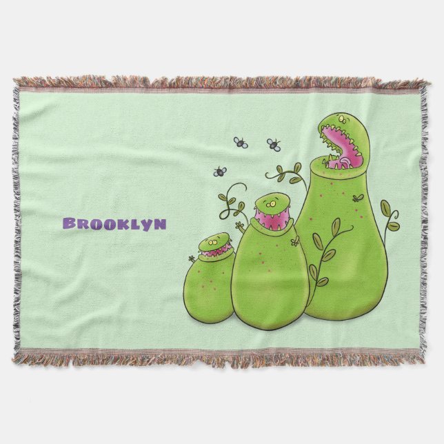 Funny green carnivorous pitcher plants cartoon throw blanket (Front)
