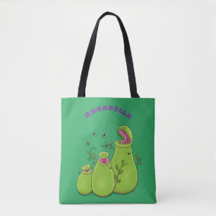 Funny green carnivorous pitcher plants cartoon tote bag