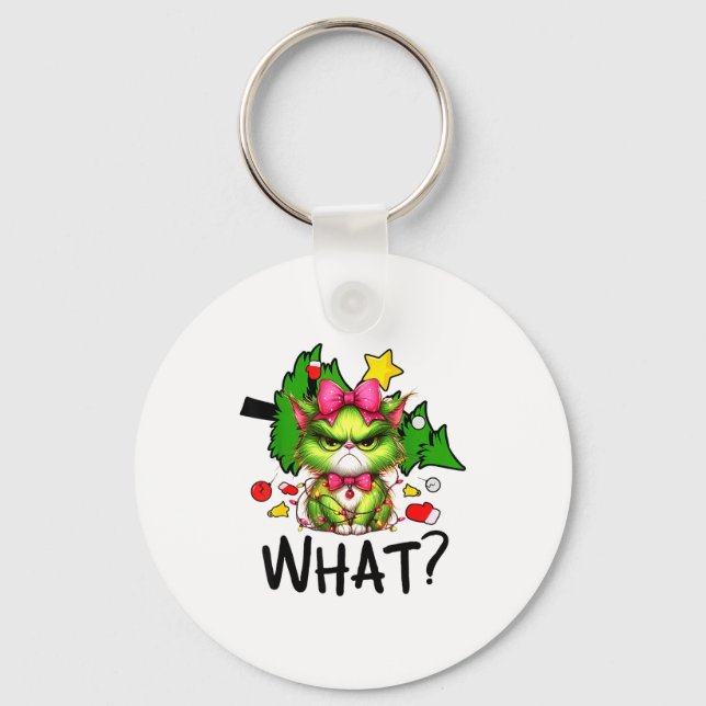 Funny Green Cat Christmas Tree Merry Xmas Humor Ca Keychain (Front)