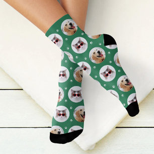 Funny Green Custom 2 Pet Photo Paw Print Socks