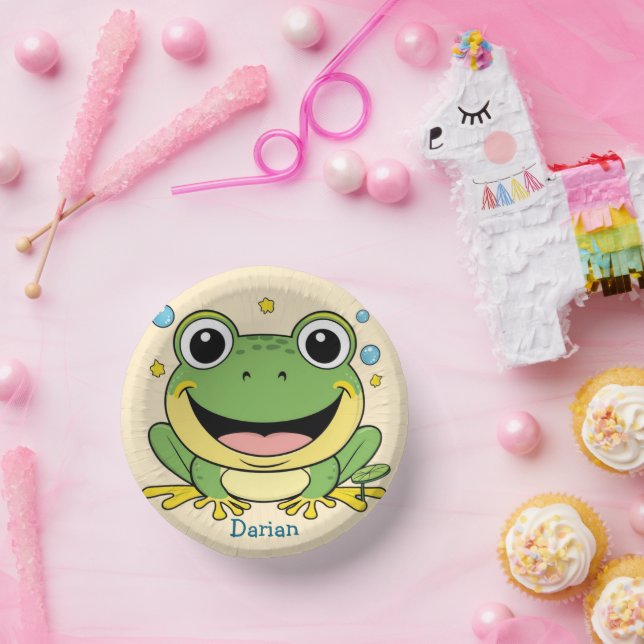 Funny Green Frog animal wildlife cartoon Birthday Paper Plate (Party)