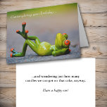 Funny Green Frog Birthday Card<br><div class="desc">A funny green frog with bright orange eyes lies on his back on the front of this birthday card. The light gray text above him says "Contemplating your birthday... " The inside says "... and wondering just how many candles we can get on that cake, anyway." Below, in smaller print...</div>