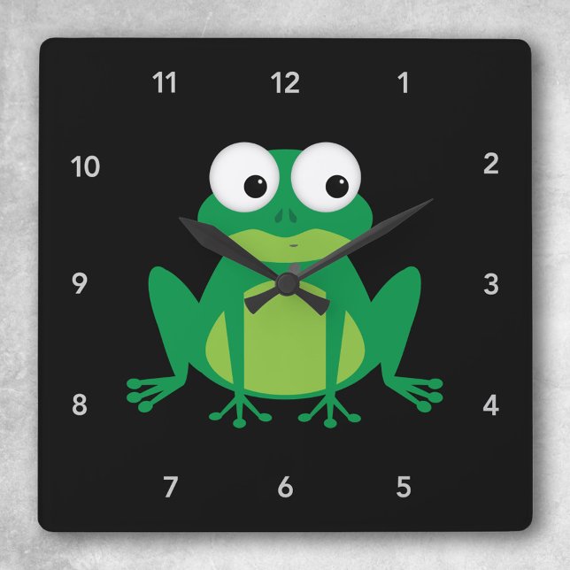 Funny Green Frog Cartoon Childrens Playroom Square Wall Clock (Creator Uploaded)