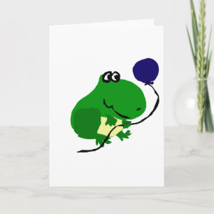 Funny Green Frog Holding Blue Birthday Balloon Card