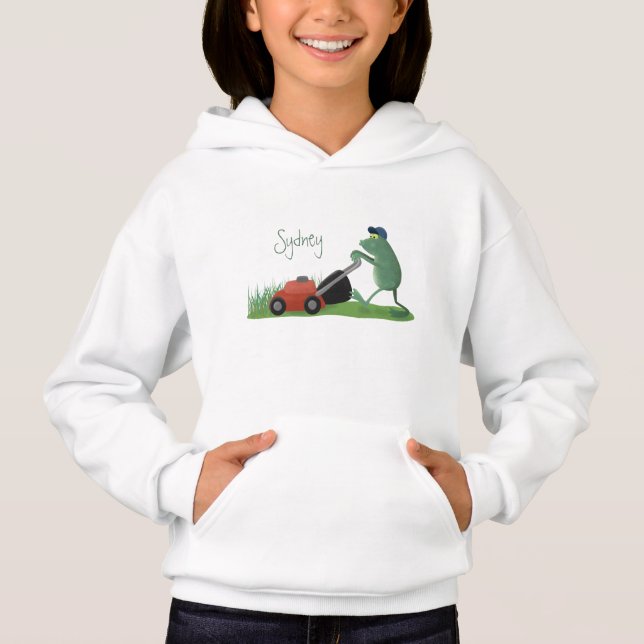 Funny green frog mowing lawn cartoon (Front)