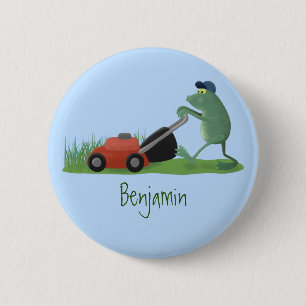 Funny green frog mowing lawn cartoon 2 inch round button