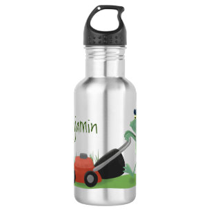 Funny green frog mowing lawn cartoon 532 ml water bottle