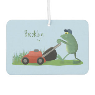 Funny green frog mowing lawn cartoon air freshener