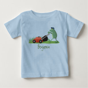 Funny green frog mowing lawn cartoon baby T-Shirt